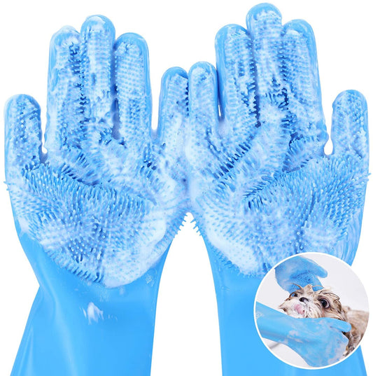 Pecute Pet Grooming Gloves - Heat Resistant Silicone Gloves with High-Density Teeth, Enhanced Five Finger Design for Bathing and Massaging Dogs and Cats, Blue